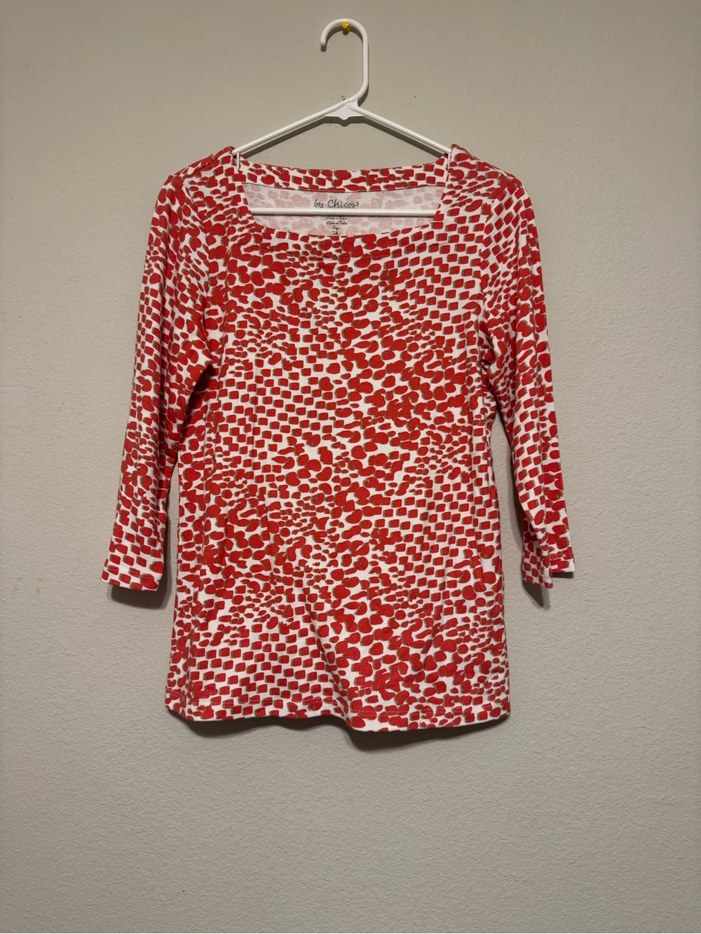 Chico's Red and White Patterned Scoop-Neck Long Sleeve Top